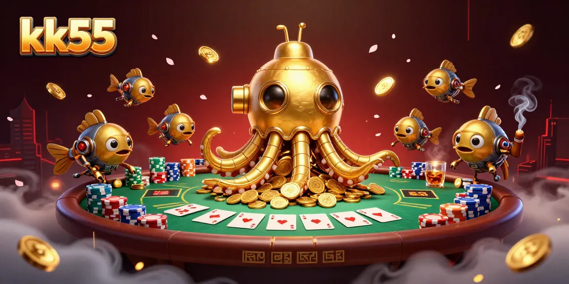 kk55 showcases a golden kraken submarine amidst poker chips and cards, delivering thrilling gameplay experience.