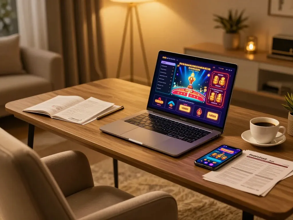 Engaging online gaming setup showcasing vin88 casino interface on a sleek laptop paired with strategy notes.