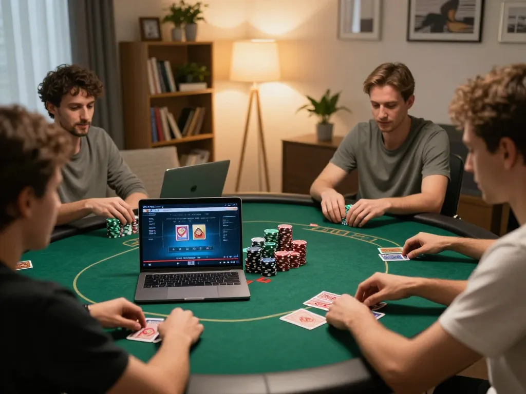 Player strategizing at fabet online poker game, cozy home atmosphere enhanced by warm lighting