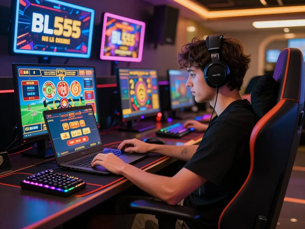 Experience thrilling gameplay at BL555 with vibrant LED lights, a sleek laptop, and high-tech gaming accessories in an immersive environment.