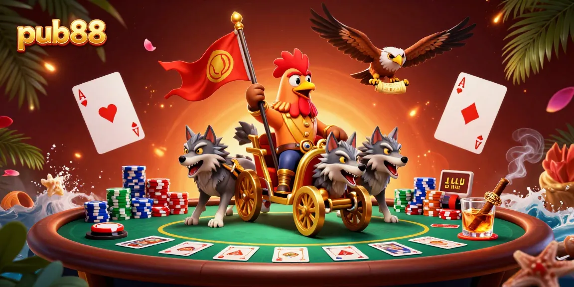 Engage with thrilling action at pub88, featuring a vivid 3D illustration of a rooster warlord and poker elements.