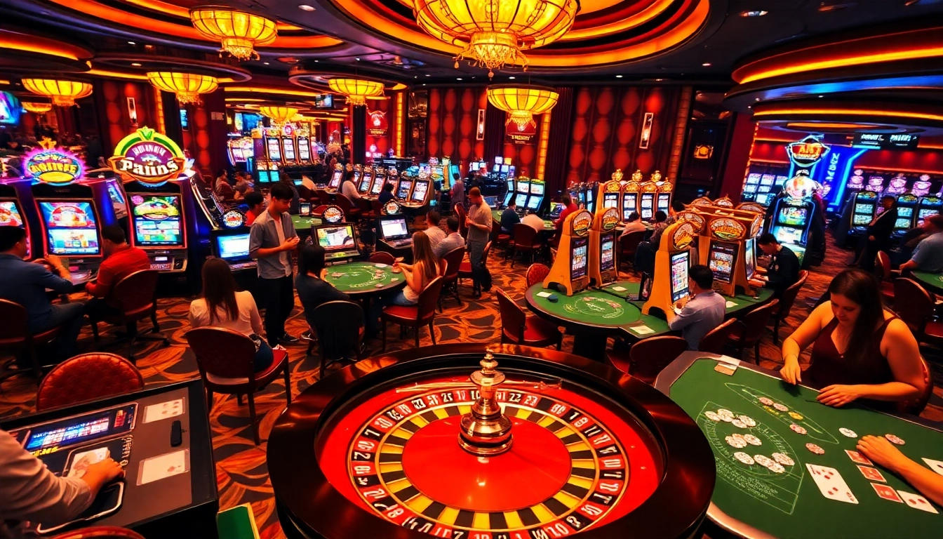 Experience the thrill of casino games at https://debet13.com/ with a vibrant gaming floor scene.