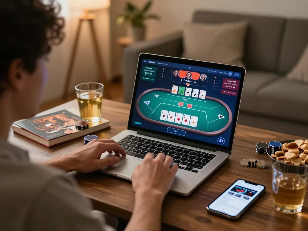 Engaging in live poker on a laptop, demonstrating interactive gameplay strategies with vua88sss.