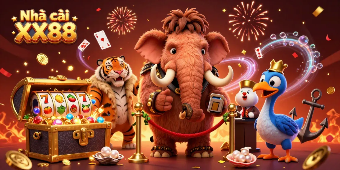 Experience the vibrant scene at Nhà cái XX88 featuring a woolly mammoth bouncer and VIP guests amidst gold coins and slot games.