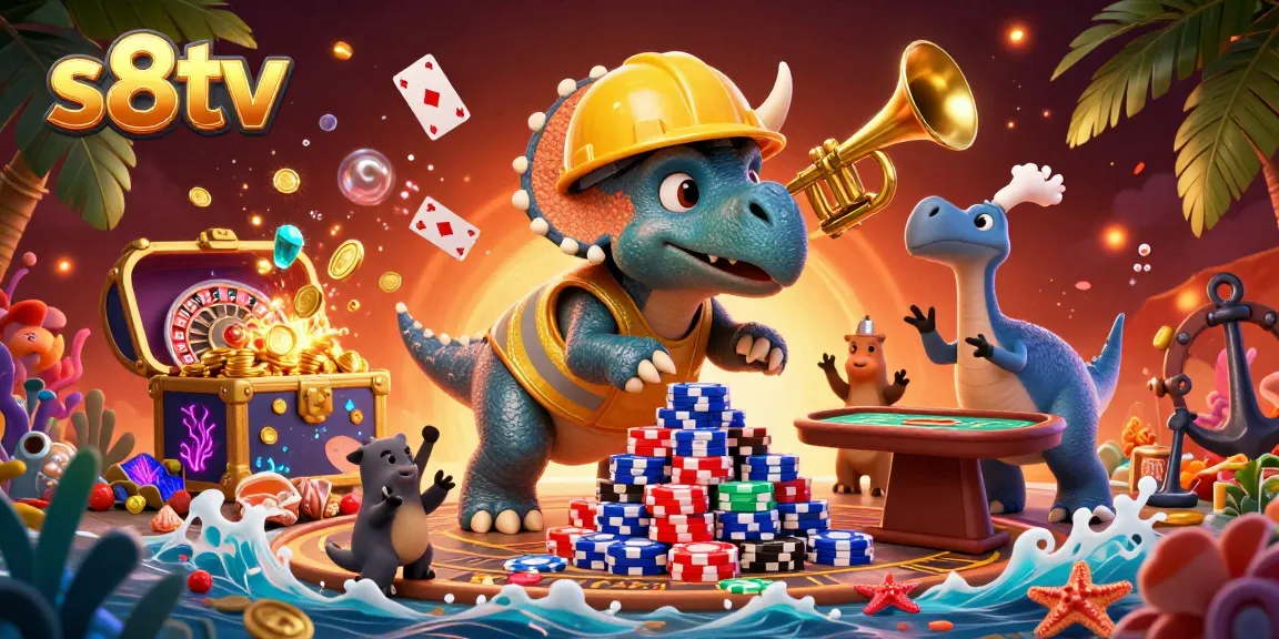 S8TV live sports betting scene with animated cartoon dinosaurs celebrating around poker chips and cards.