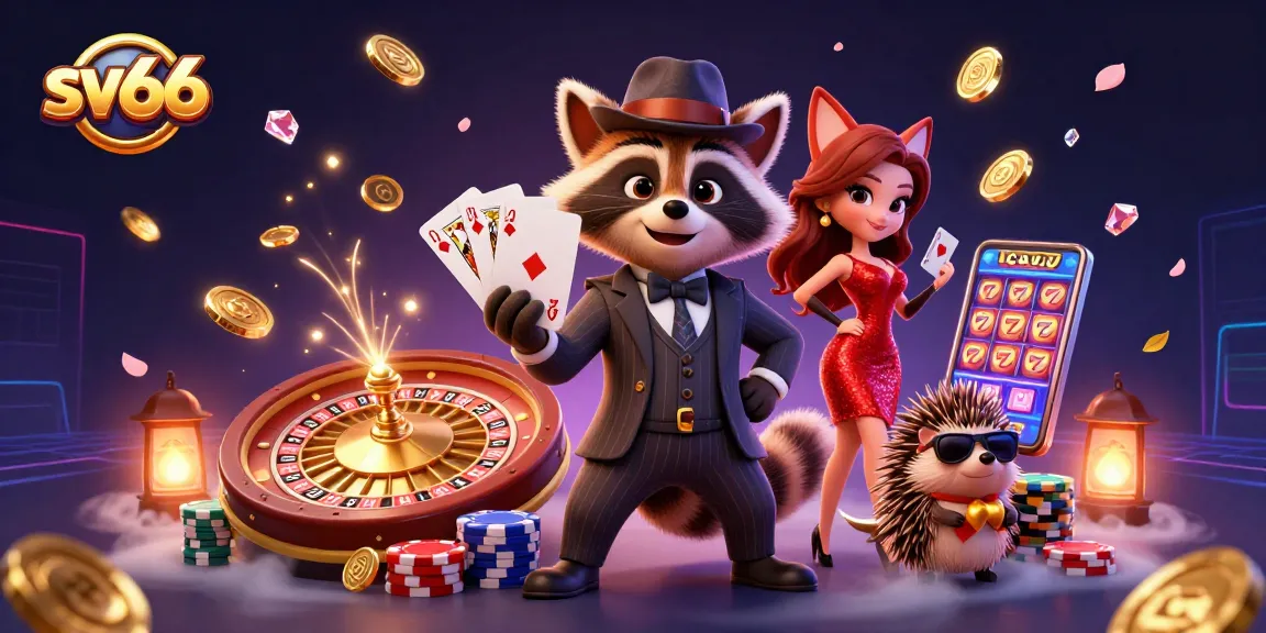 Win big at sv66 with a charming raccoon, fox lady, and bouncer amid a vibrant casino scene.