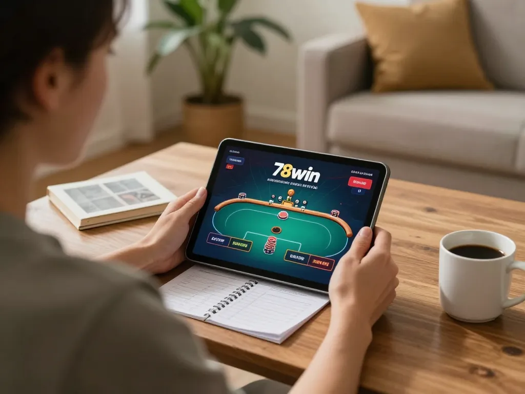 Player engaging with 78win casino app on a tablet while enjoying a comfortable home setup.