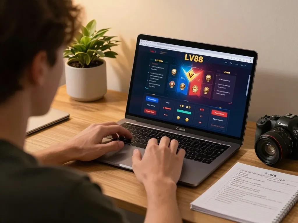 Engaging online gambling moment at LV88, showcasing strategic gameplay on laptop.