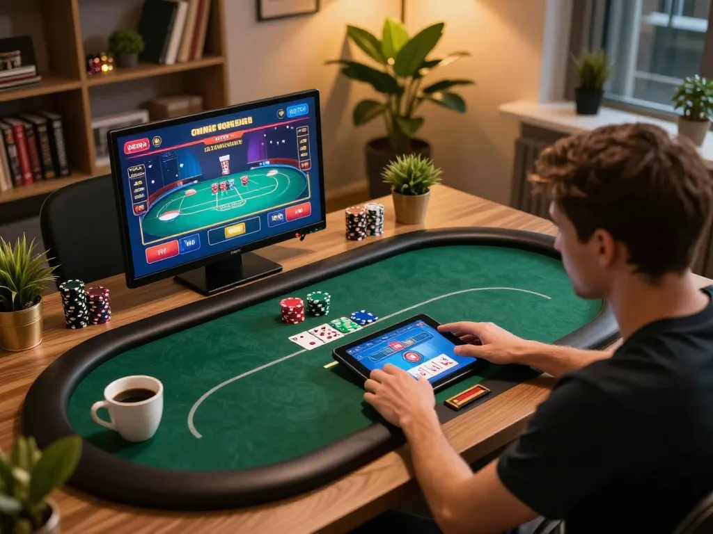Bong88 player engaging in online poker game on a tablet, showcasing a strategic gaming atmosphere.