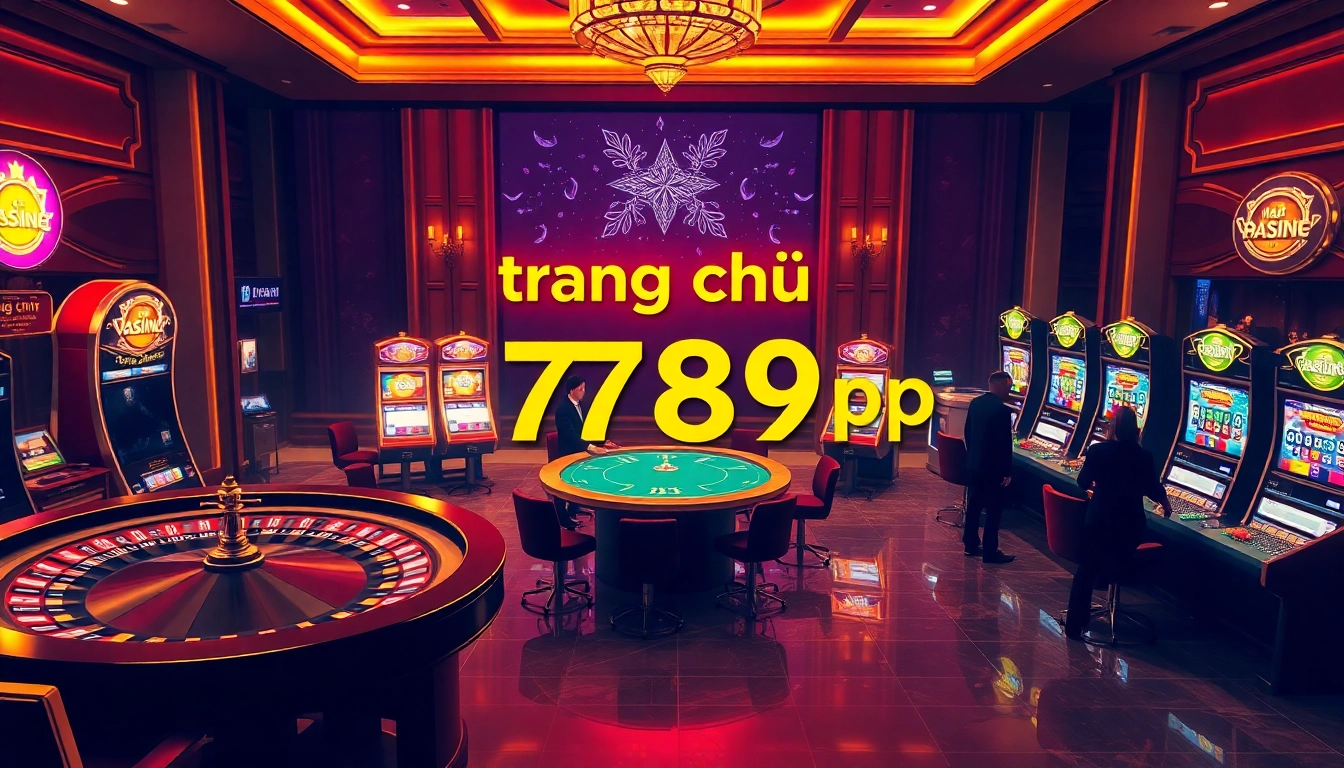 A thrilling casino experience at trang chủ 789p with players at the roulette and poker tables surrounded by vibrant slot machines.