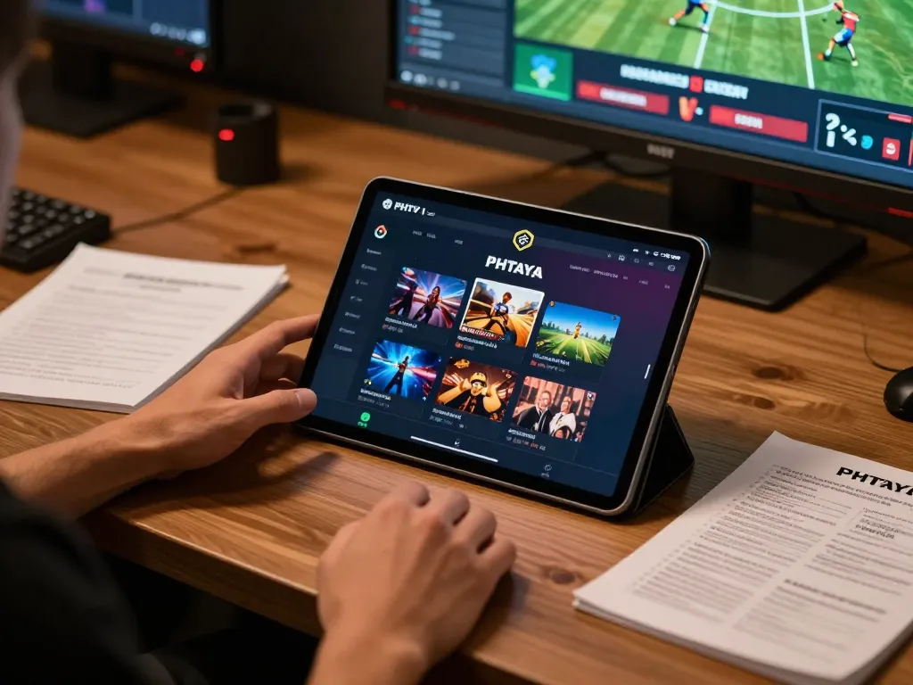 PHTAYA's engaging online casino gaming setup with a player analyzing strategy on a tablet.