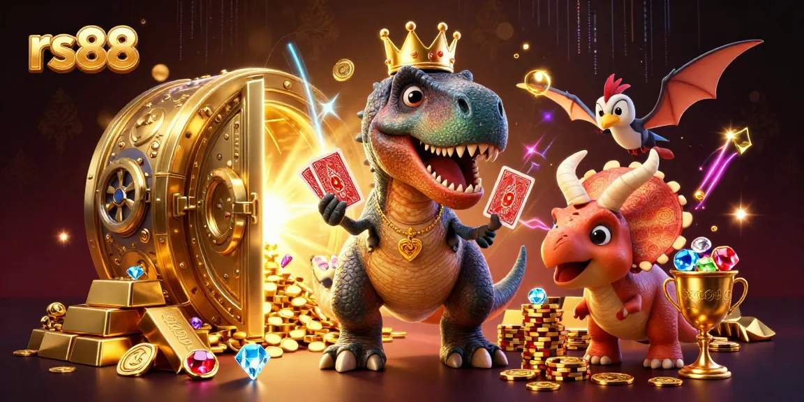 Experience excitement at rs88 with a T-Rex shuffling cards and a triceratops stacking golden chips.