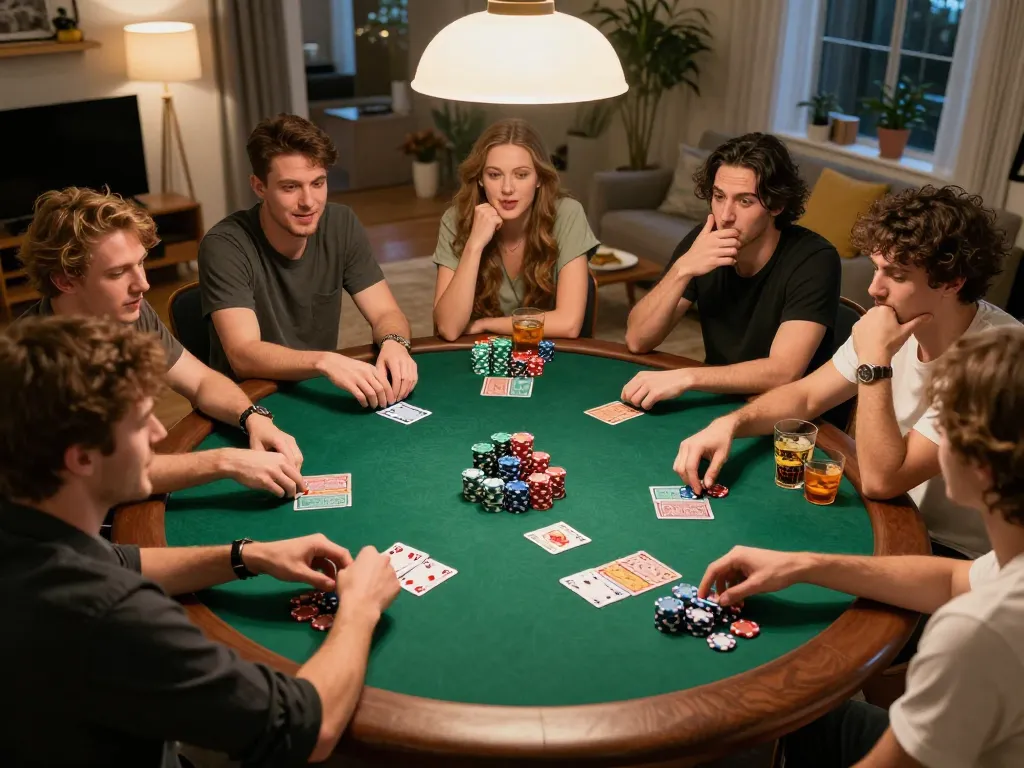 Friends strategizing during an exciting FC88 poker night, chips stacking and laughter filling the room.