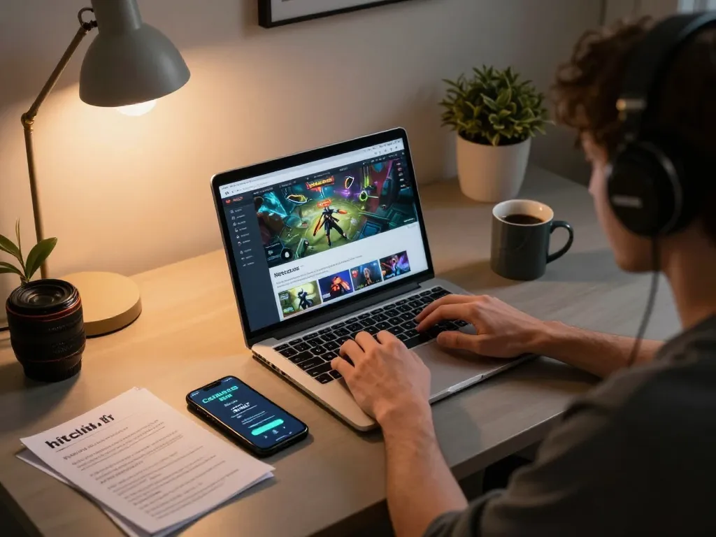 Gamer engaged in online gambling at https://hitclub.im/ on a laptop with strategic notes nearby.
