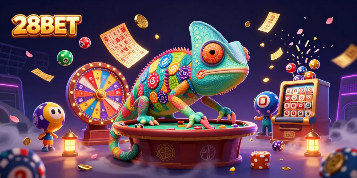Win big with 28BET as vibrant lottery balls and golden coins swirl around a chameleon casino owner.