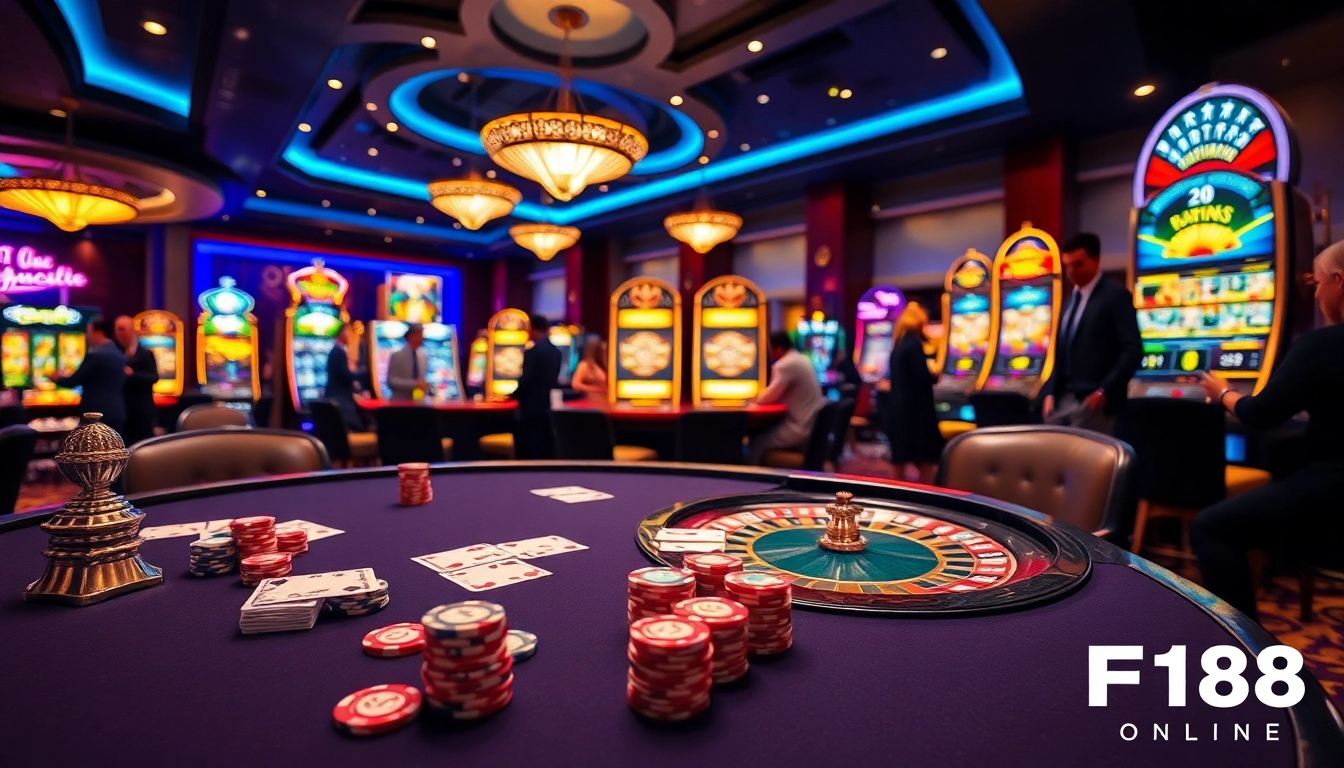F168 casino environment showcasing vibrant poker table and slot machines under soft ambient lighting.