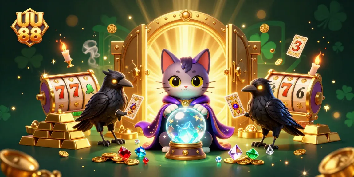 UU 88 showcases a vibrant casino scene with a fortune teller cat, glowing raven, and dynamic slot elements.