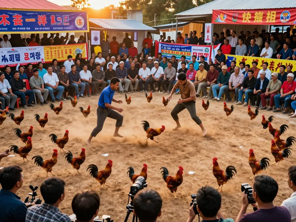 Exciting live action of Đá gà thomo event with competing roosters, capturing the thrill of the match