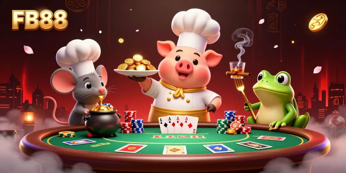 Experience gambling excitement with FB88's chef pig serving golden coins amidst vibrant poker scenes.