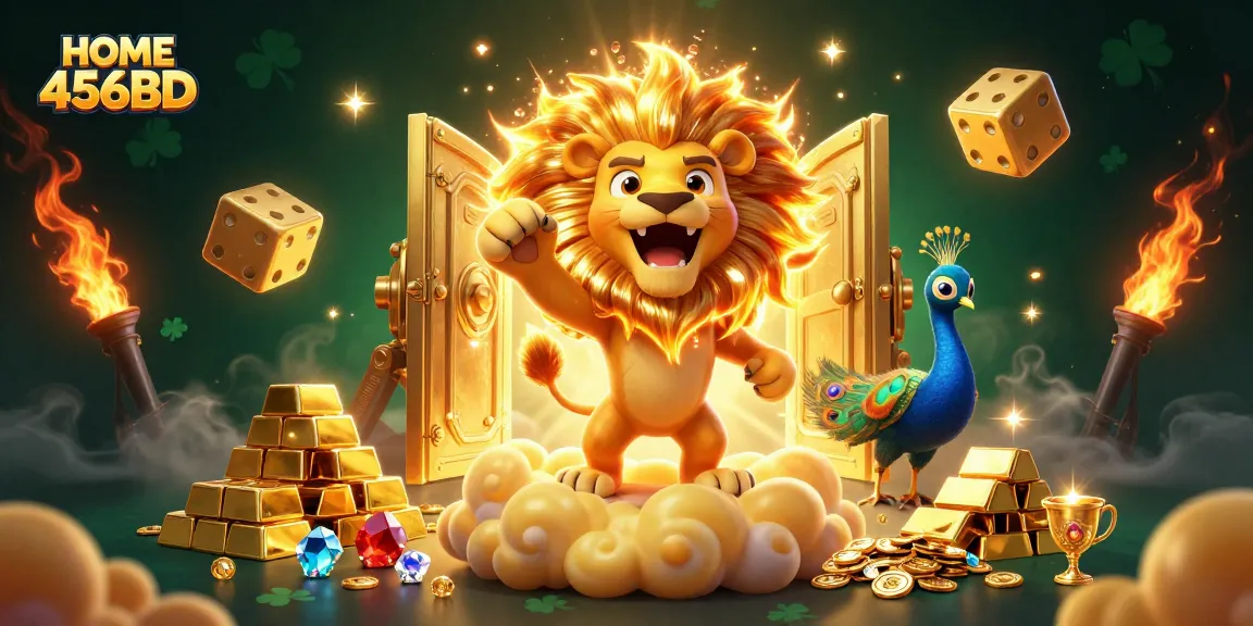 Experience the thrill at HOME 456BD with a triumphant lion, dynamic dice, and vibrant casino elements.