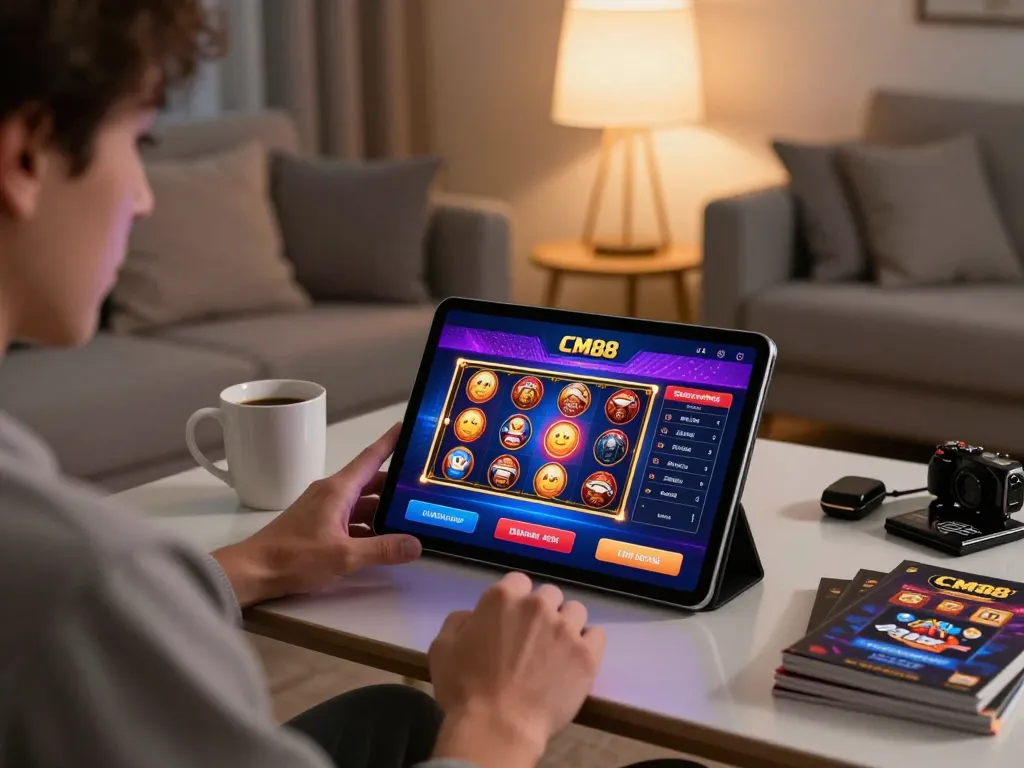 Engaging gameplay on CM88 app with vibrant interface shown in cozy home gaming setup.