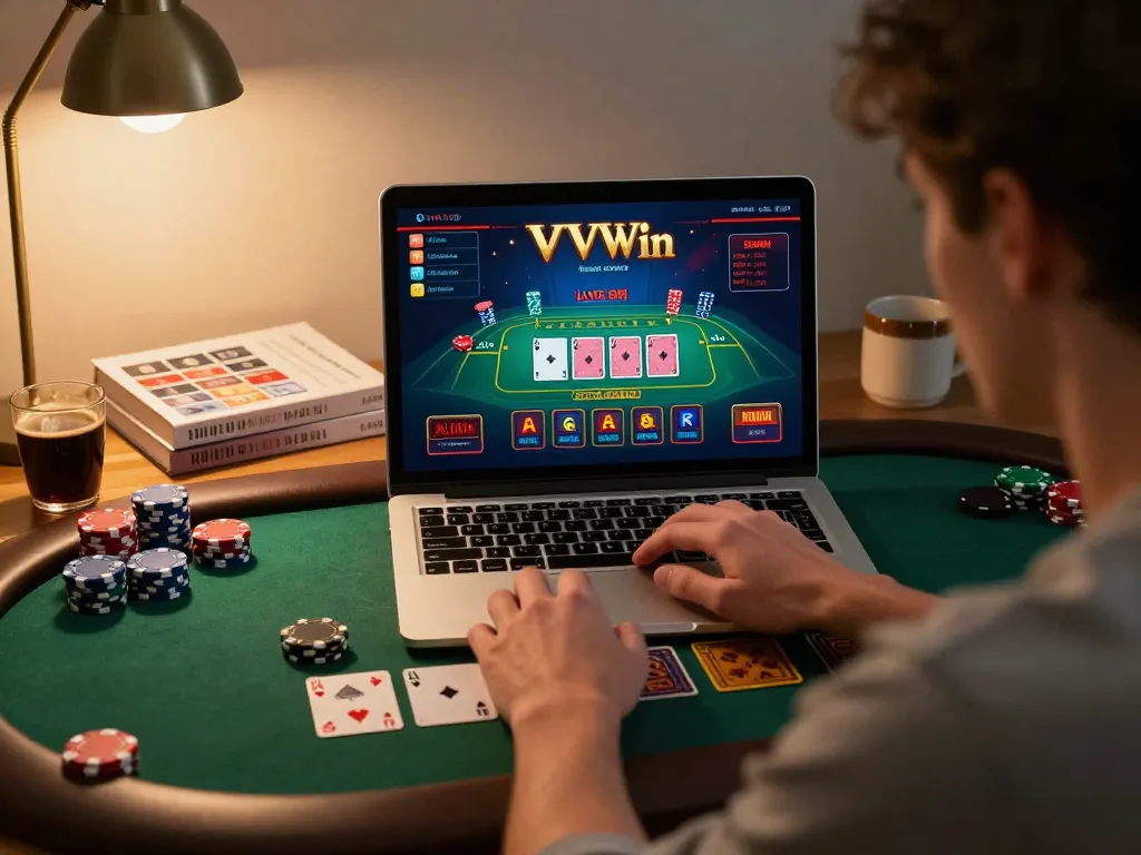 Player enjoying VVVwin's live blackjack on laptop, reflecting strategic gameplay at home.
