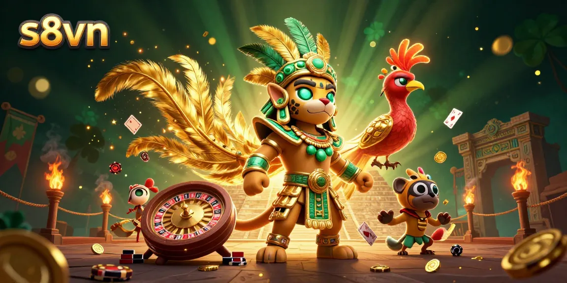 S8VN enhances excitement at the casino with Mayan-themed characters engaging in vibrant betting activities.