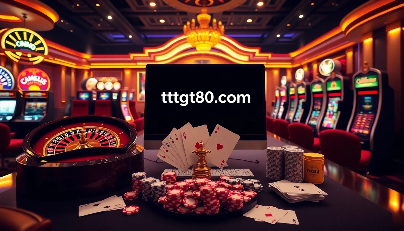 Experience online thrills at https://tg88u.com/ with vibrant casino visuals featuring roulette wheels and slot machines.