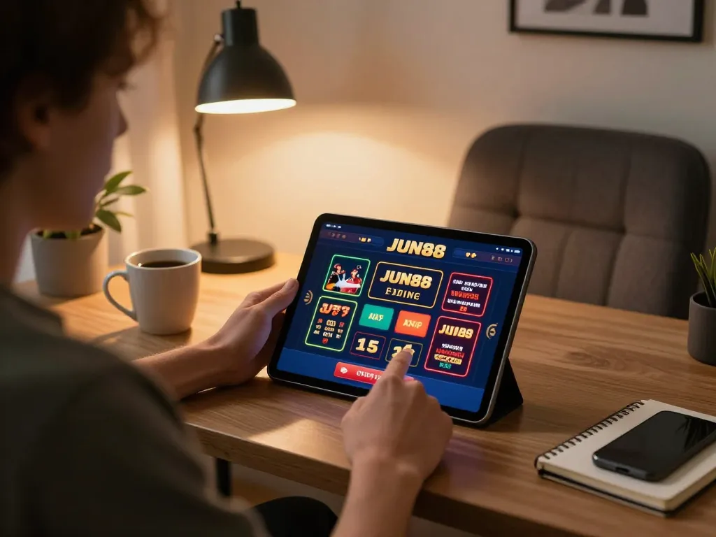 Engaging moment with a player using the JUN88 casino app on a tablet in a cozy home office setting.