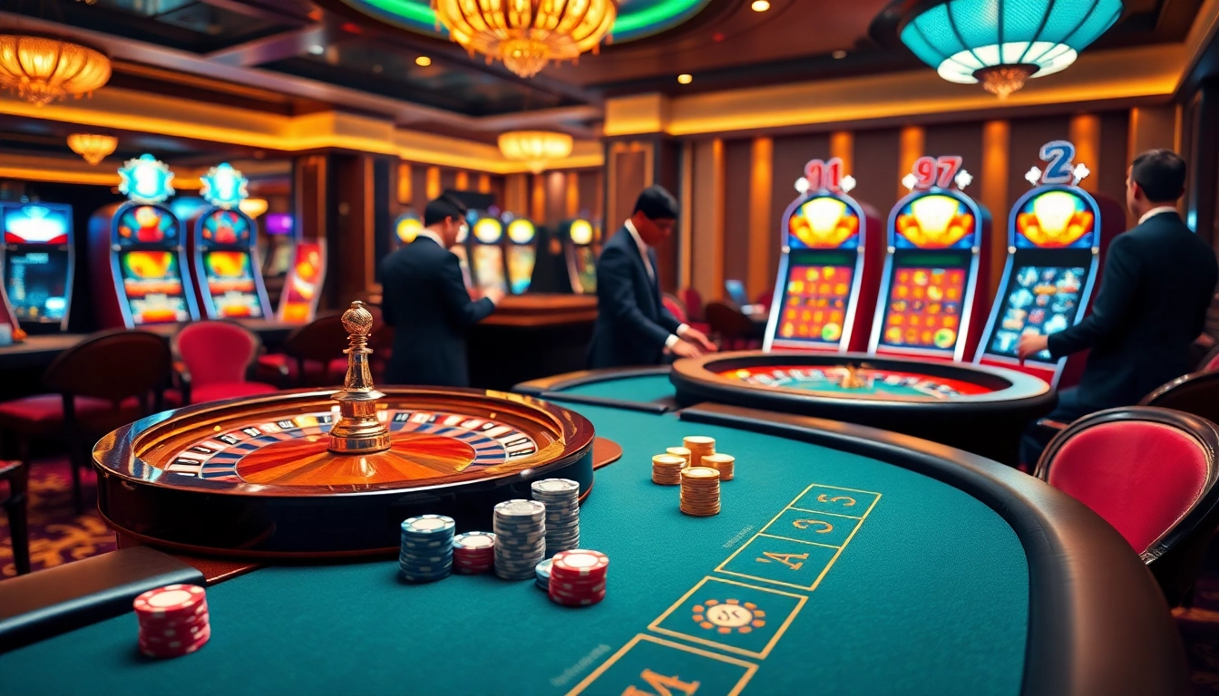 Experience online gambling at 8kbet17.com with a vibrant casino scene featuring poker and roulette.