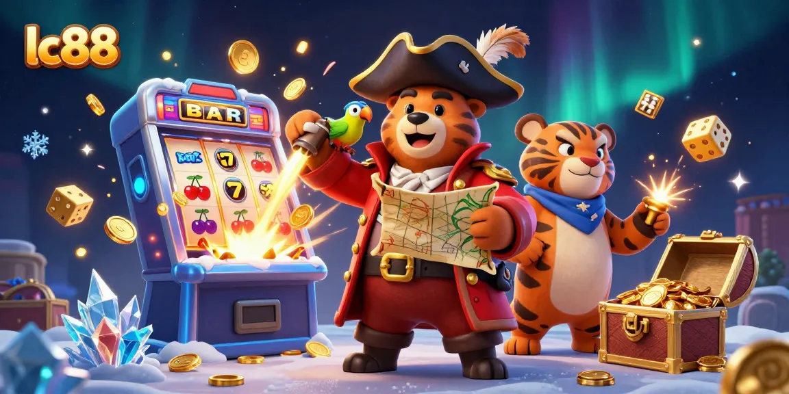 Engage with lc88's thrilling casino adventures featuring a bear pirate and tiger in a vibrant gaming scene.
