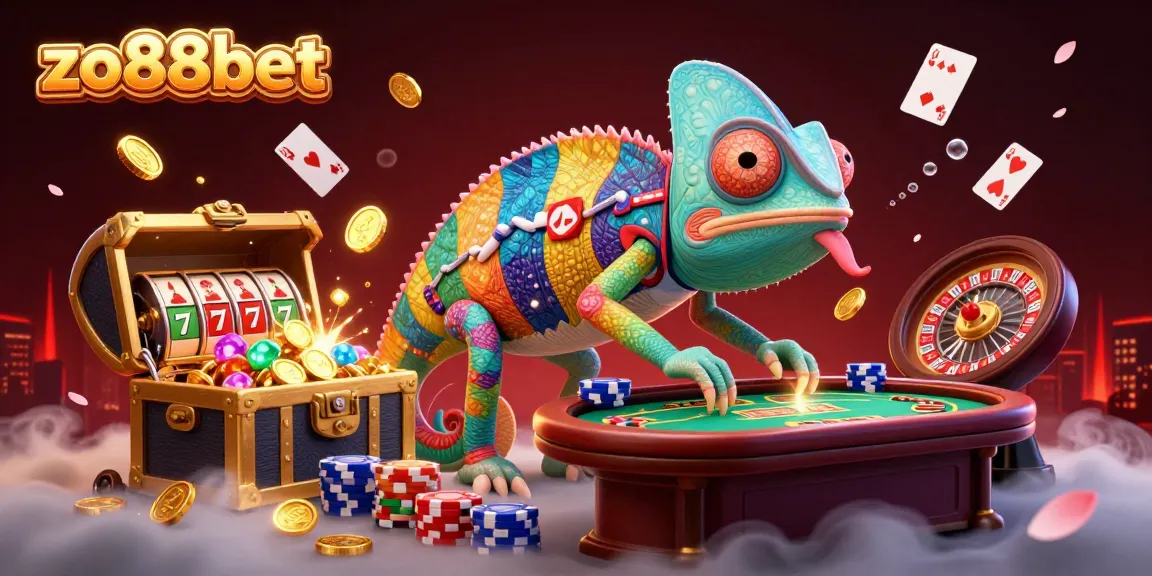 Play and win at zo88bet with vibrant casino-themed illustration featuring a chameleon and gaming elements.