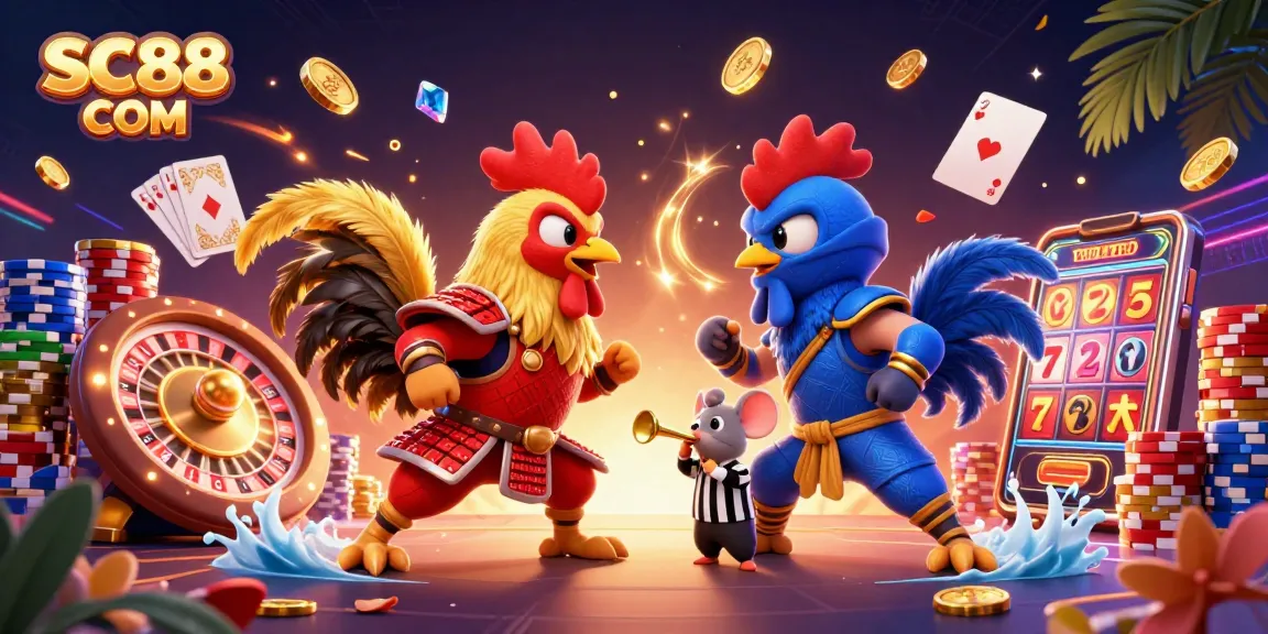 SC88 COM showcases twin fighting roosters in a 3D casino showdown, vibrant gaming elements surrounding them.