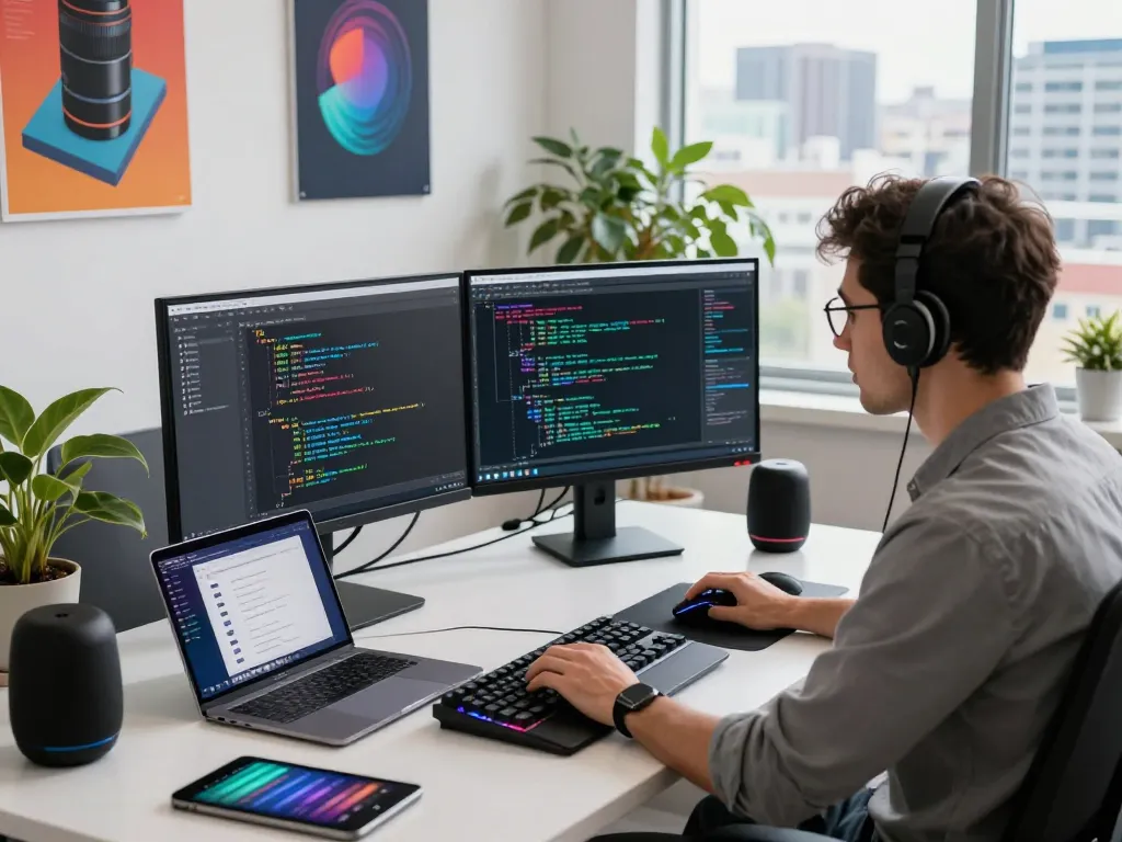 Dynamic tech workspace with a developer coding on dual monitors showcasing Techsslaash com.