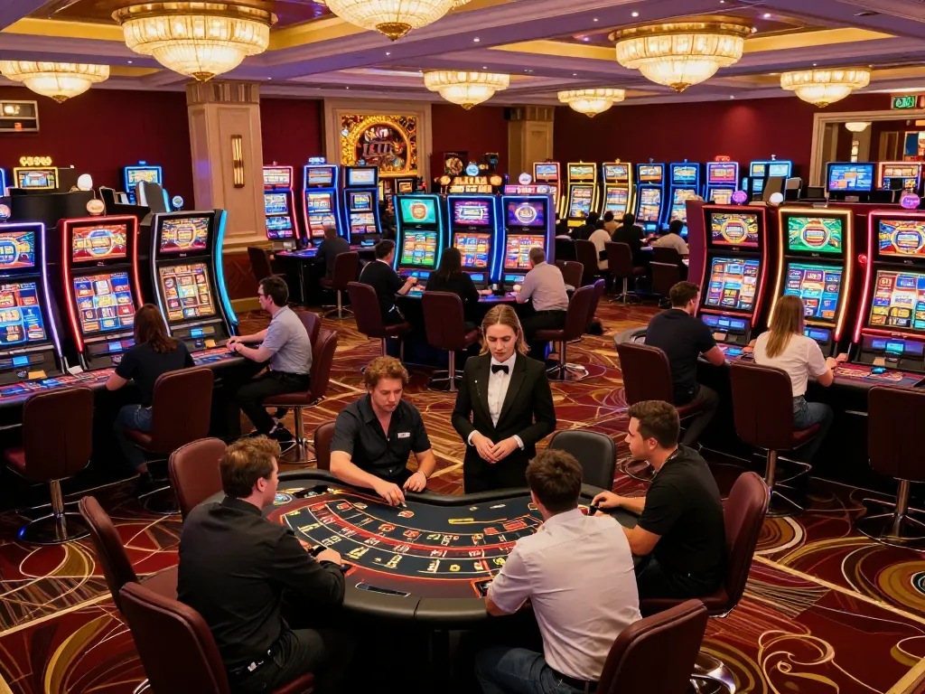 Lode88's casino scene showcasing vibrant gameplay at various tables and colorful slot machines.