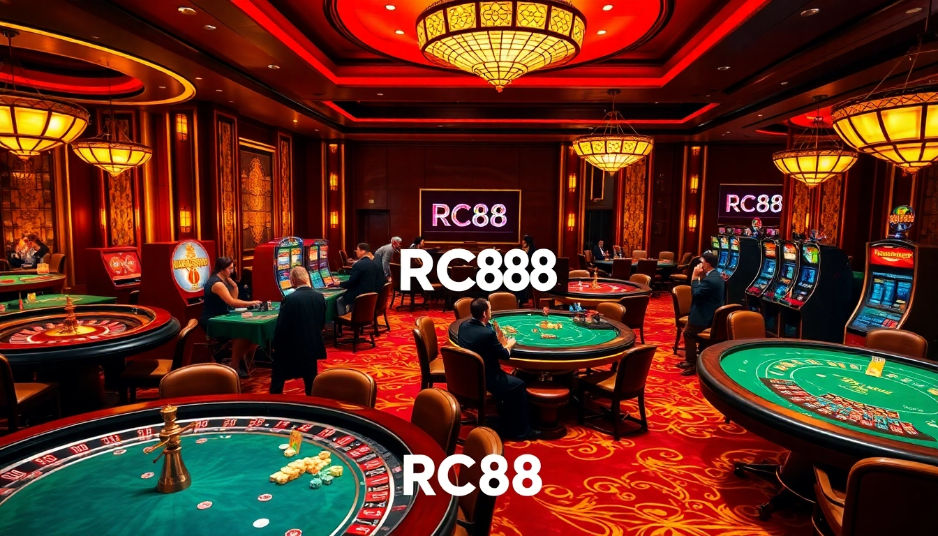 Experience the excitement at RC88 with luxurious casino tables and vibrant gaming elements.