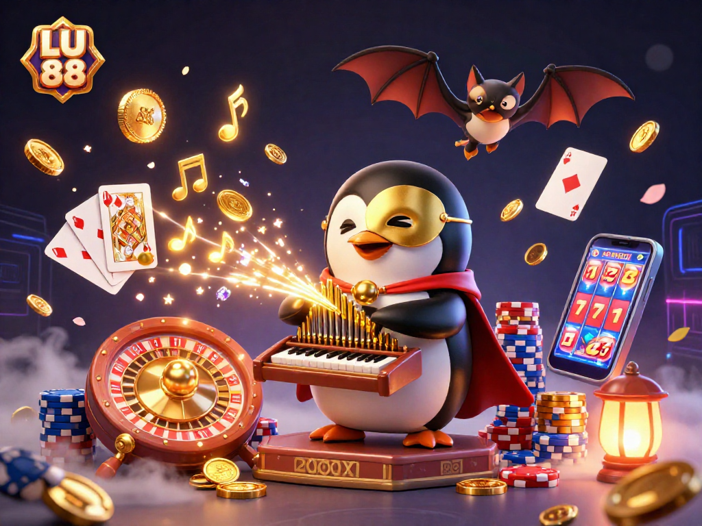 Engage with the LU 88 casino experience featuring a penguin at the organ surrounded by golden coins.
