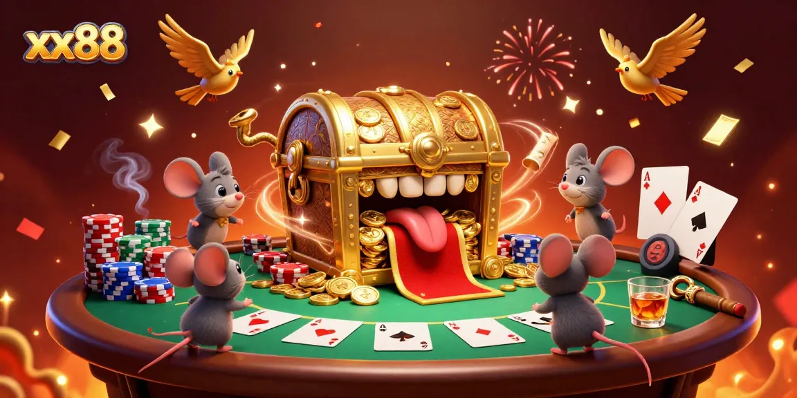 Engage with exciting gaming at xx88, showcasing vibrant casino elements and a treasure-themed illustration.