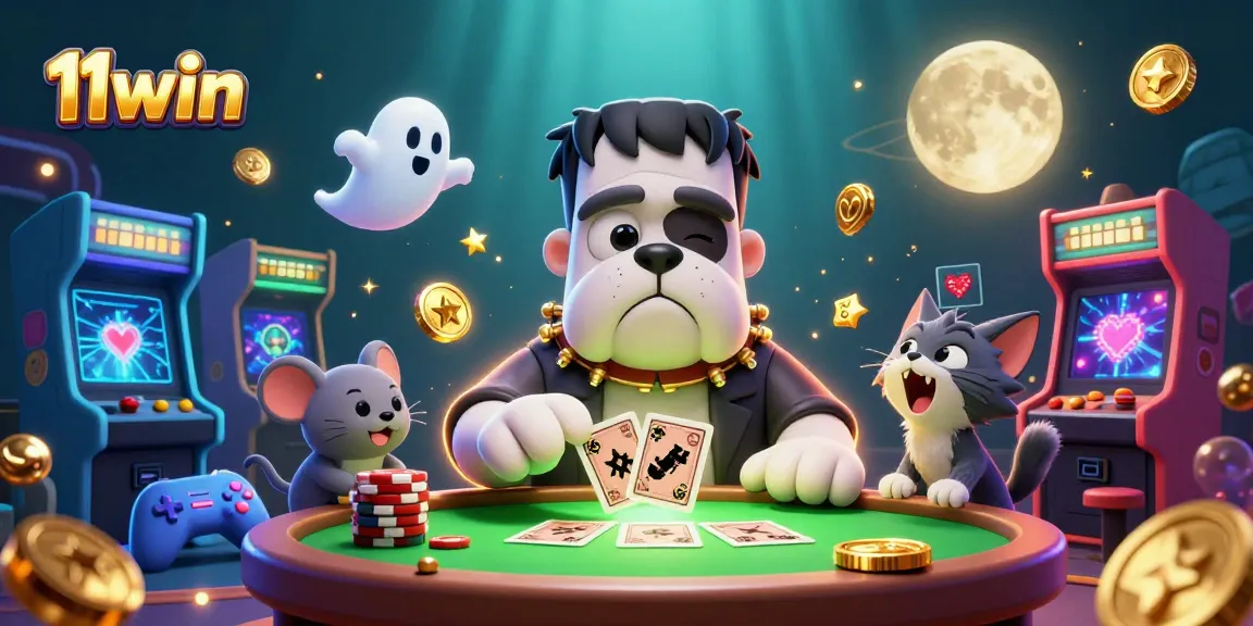 Experience thrilling card dealing action at 11win with whimsical characters like a Frankenstein bulldog and ghost mouse.