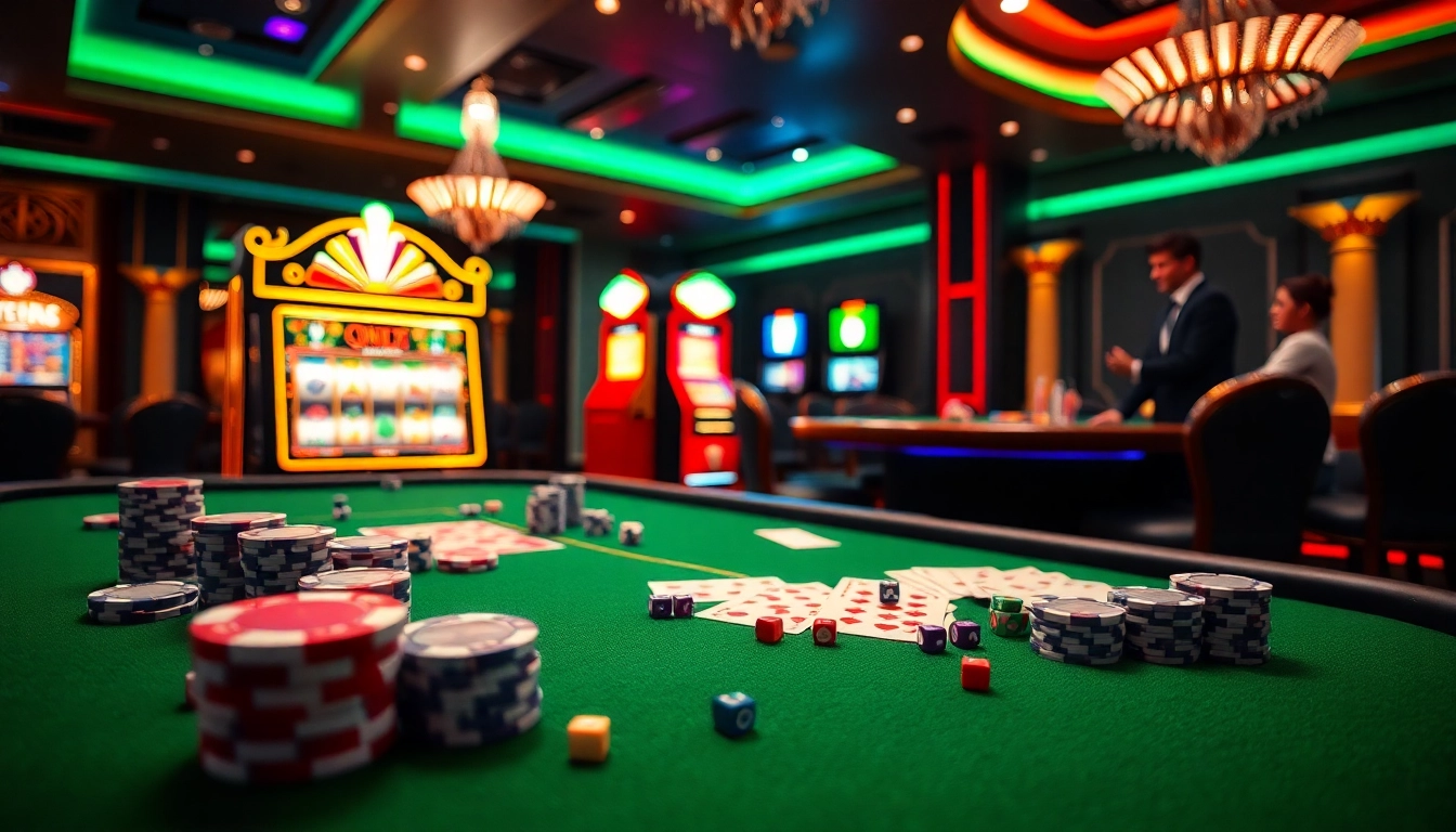 Experience thrilling gameplay at QQ88 featuring vibrant casino elements, poker chips, and a glamorous atmosphere.