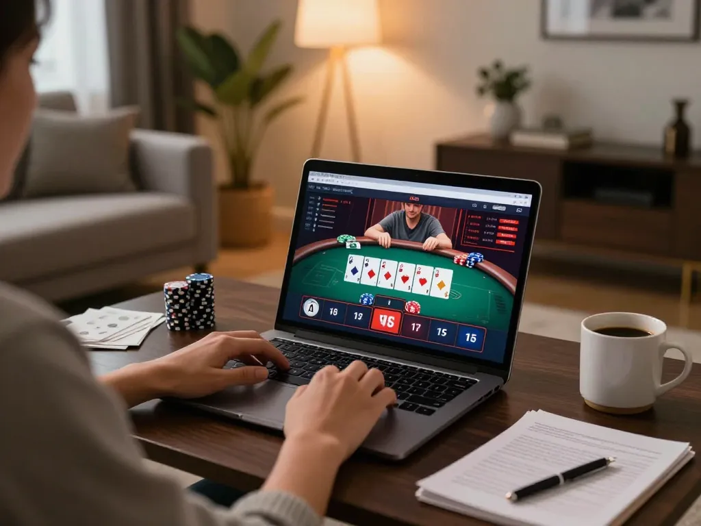 Engaging with lc88 online casino on a laptop in a cozy home environment with strategy notes.