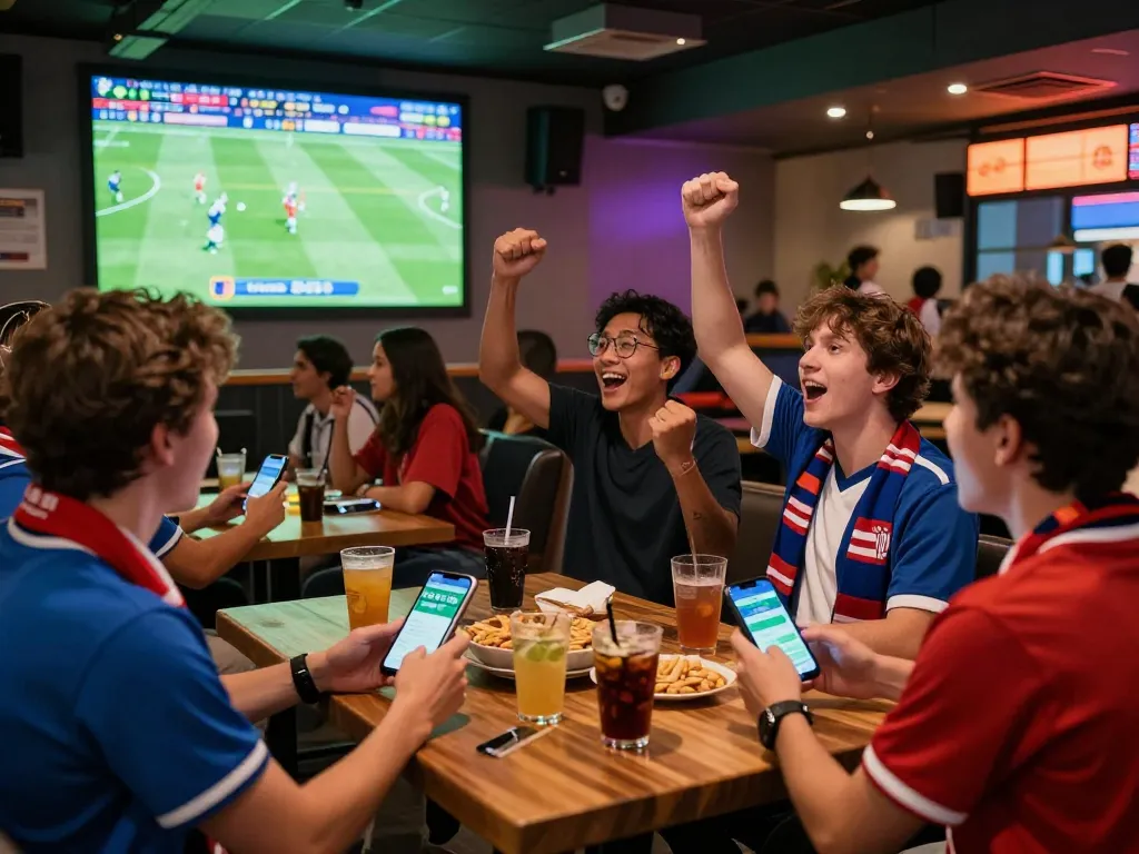 Friends enjoying a debet betting experience in a lively sports lounge during a match.