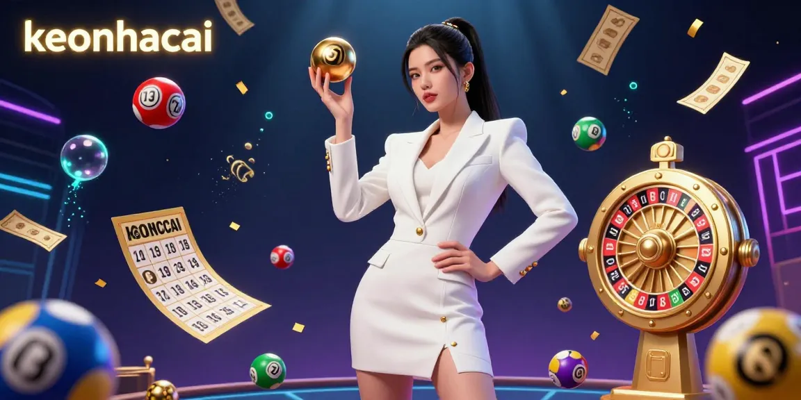 Experience keonhacai's vibrant casino atmosphere with a confident Asian woman holding a roulette ball amidst dynamic game elements.