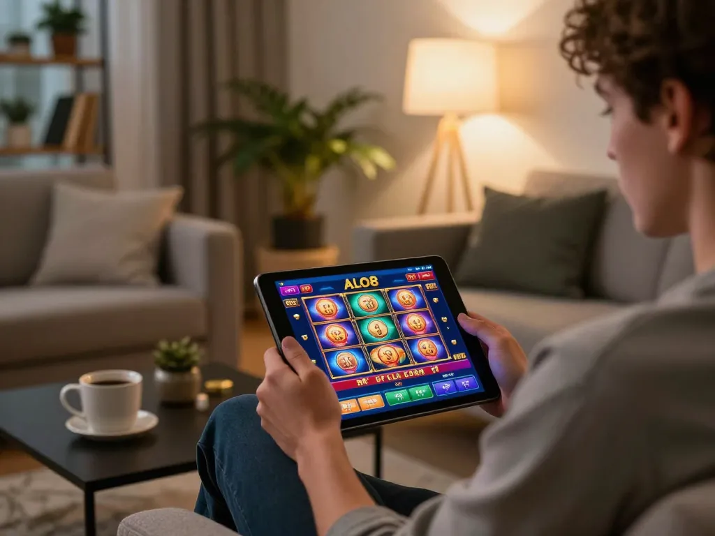 Playing dynamic ALO8 casino games on a tablet in a cozy home setting.