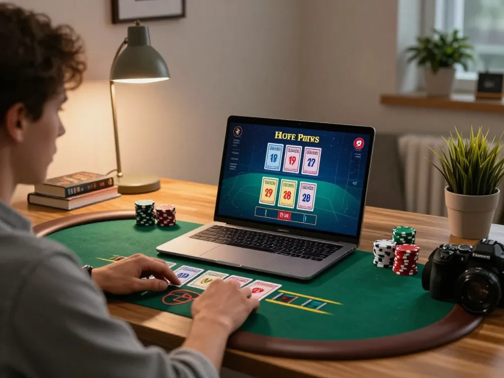Engaged player enjoying PG88 casino live dealer game on laptop at stylish home desk