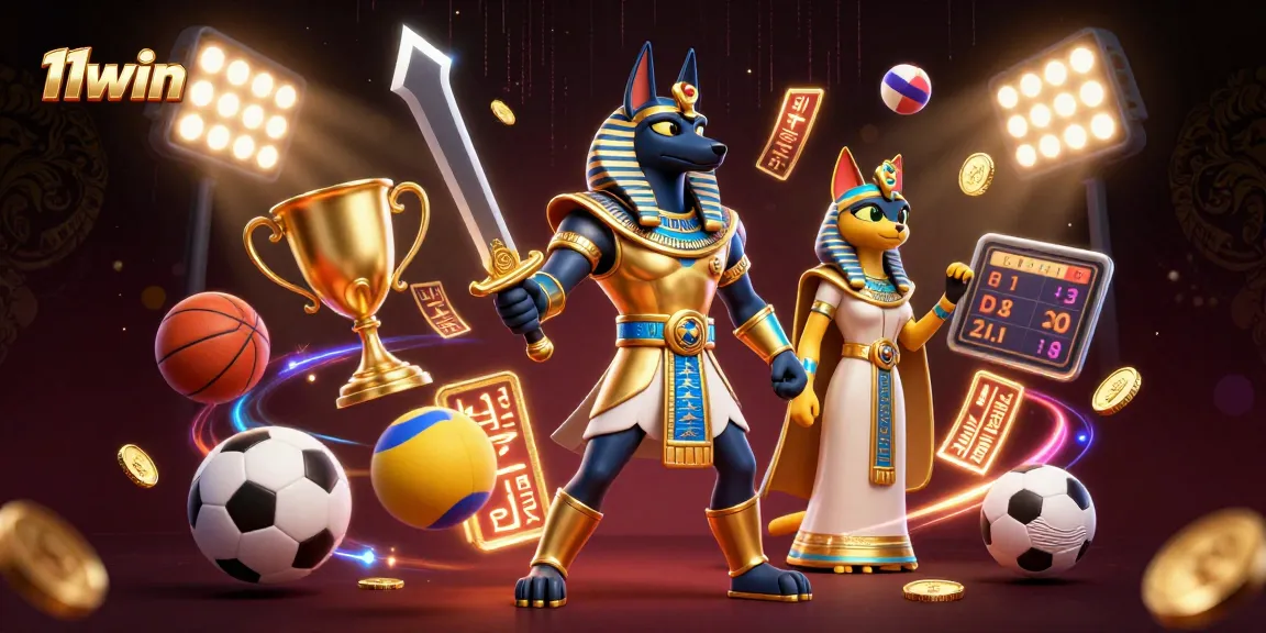 Experience 11win thrills with an Anubis and Bastet sports-themed dynamic scene overflowing with excitement.