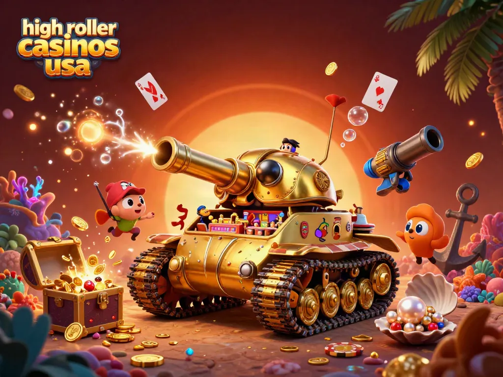 Enjoy high roller casinos usa with an illustrated golden beetle tank revealing a vibrant casino scene.