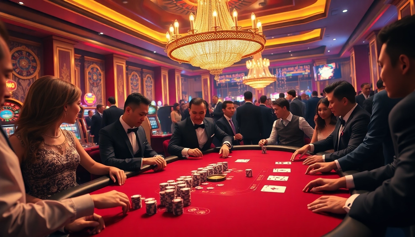 Players enjoying poker at a luxurious Xin88 casino table, capturing the excitement of gambling.