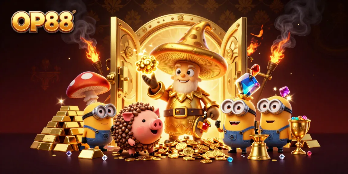 Experience the magic of OP88 as a golden mushroom wizard unlocks treasures amidst dazzling gems.