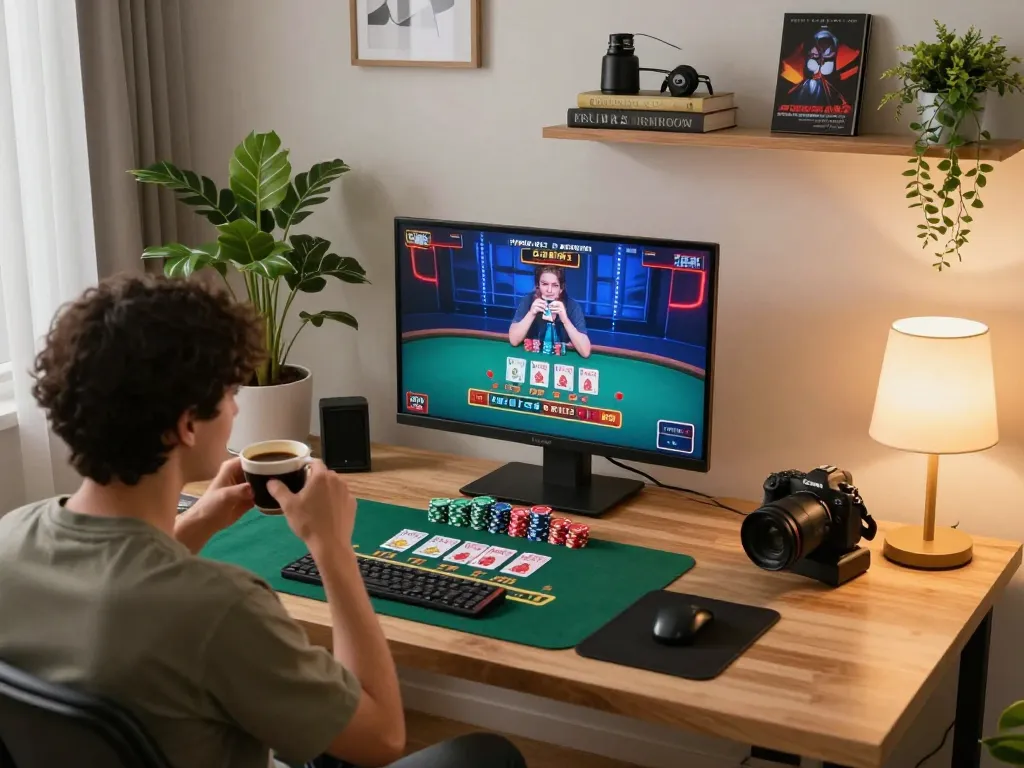 Player engaging in online gambling at home with llwin mobile app on screen, showcasing a dynamic casino experience.